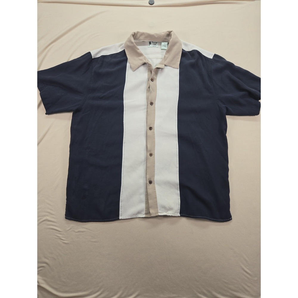 Vintage Silk Mens XL Short Sleeve Shirt Navy/Beige Color Collar